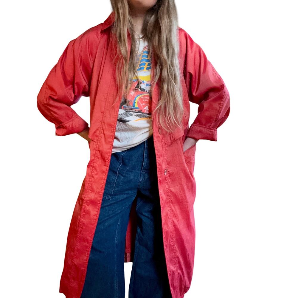 Vintage Red Trench Coat One Size, Bold, Maximalist, Dopamine, Made in USA